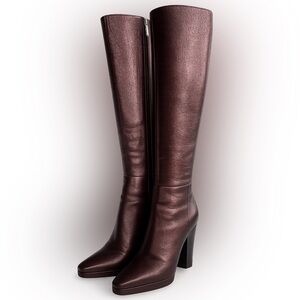 Prada Dark Brown Leather Knee-High Boots Block Heel